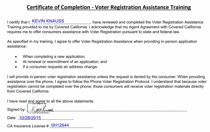 Covered California Certified Insurance Agent Voter Registration completion signature.